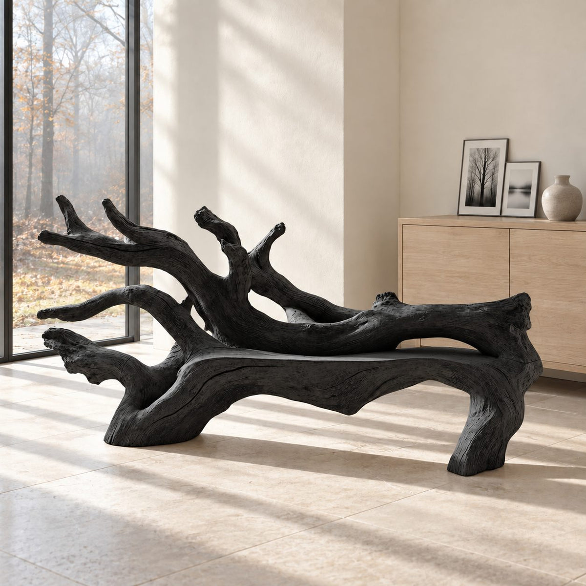 Fallen Tree Trunk Bench, Sculptural Solid Wood Branch Bench with Carved Seat and Sweeping Limbs