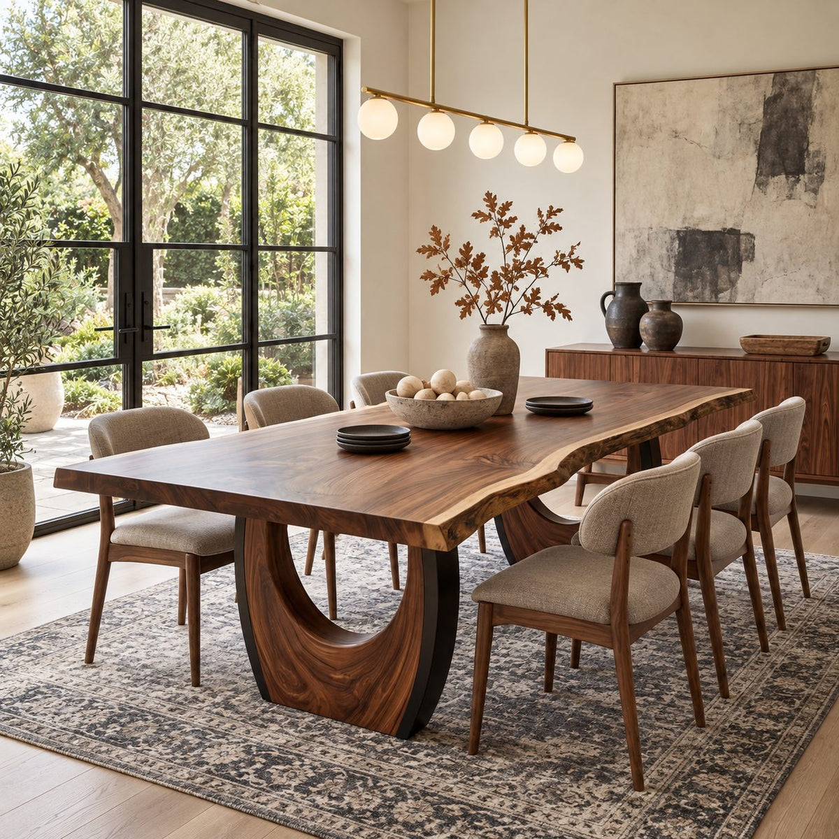 Crescent Base Live Edge Dining Table, Solid Wood Slab on Two Arched Half-Moon Pedestals, 63 to 108 Inch