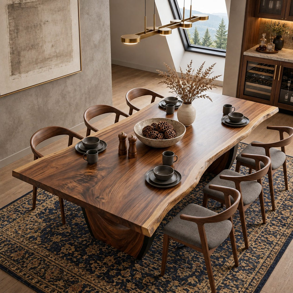 Crescent Base Live Edge Dining Table, Solid Wood Slab on Two Arched Half-Moon Pedestals, 63 to 108 Inch