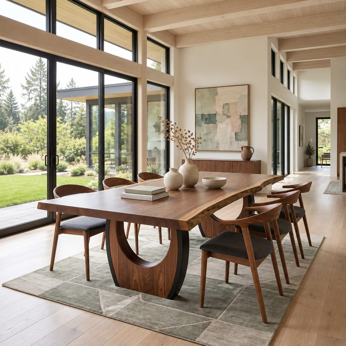 Crescent Base Live Edge Dining Table, Solid Wood Slab on Two Arched Half-Moon Pedestals, 63 to 108 Inch