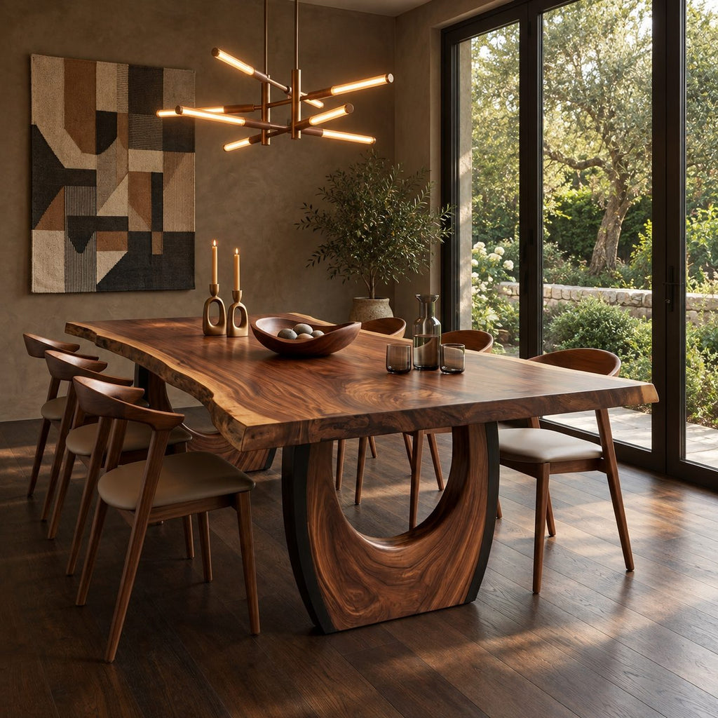 Crescent Base Live Edge Dining Table, Solid Wood Slab on Two Arched Half-Moon Pedestals, 63 to 108 Inch