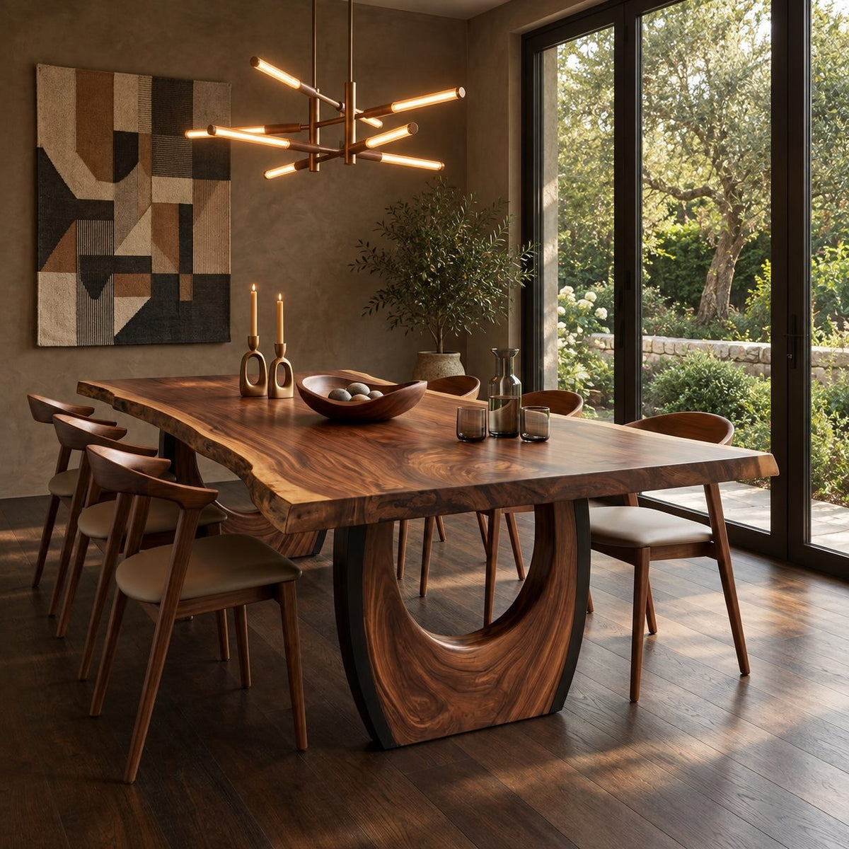 Crescent Base Live Edge Dining Table, Solid Wood Slab on Two Arched Half-Moon Pedestals, 63 to 108 Inch