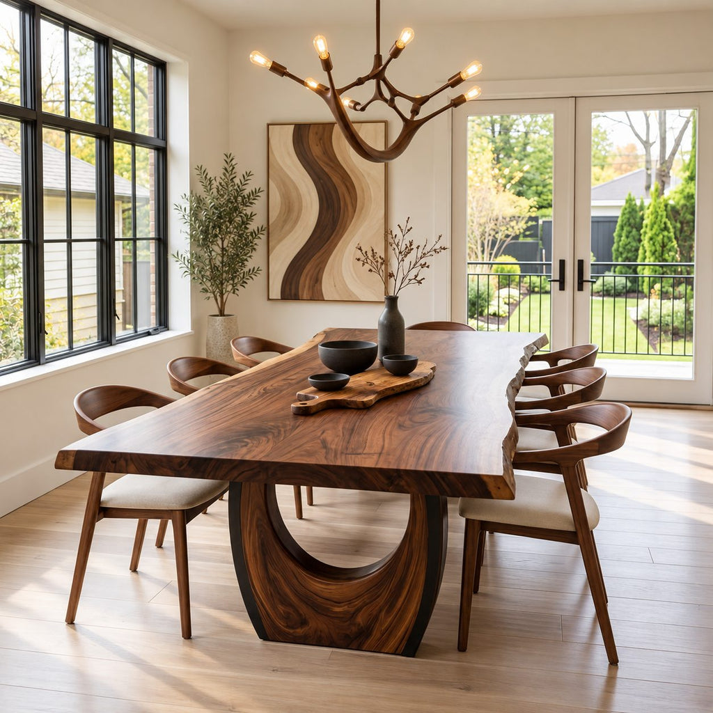 Crescent Base Live Edge Dining Table, Solid Wood Slab on Two Arched Half-Moon Pedestals, 63 to 108 Inch