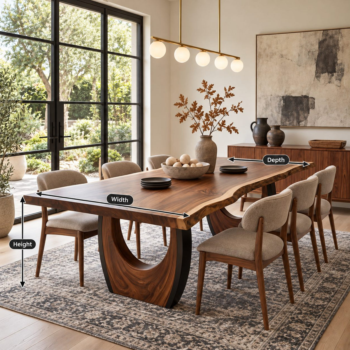 Crescent Base Live Edge Dining Table, Solid Wood Slab on Two Arched Half-Moon Pedestals, 63 to 108 Inch