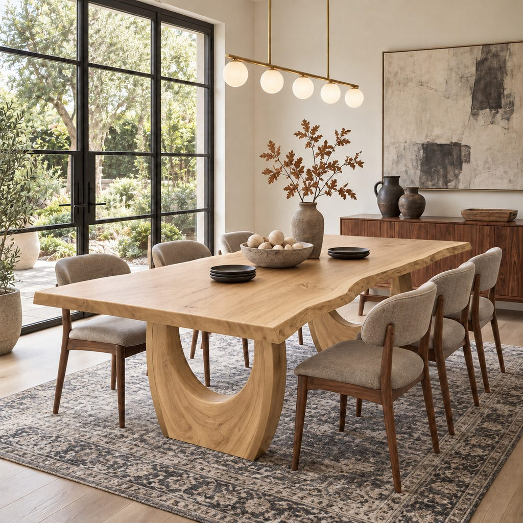 Crescent Base Live Edge Dining Table, Solid Wood Slab on Two Arched Half-Moon Pedestals, 63 to 108 Inch
