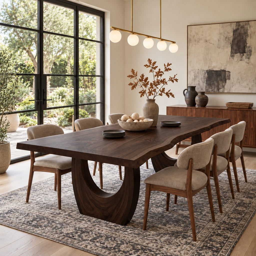 Crescent Base Live Edge Dining Table, Solid Wood Slab on Two Arched Half-Moon Pedestals, 63 to 108 Inch