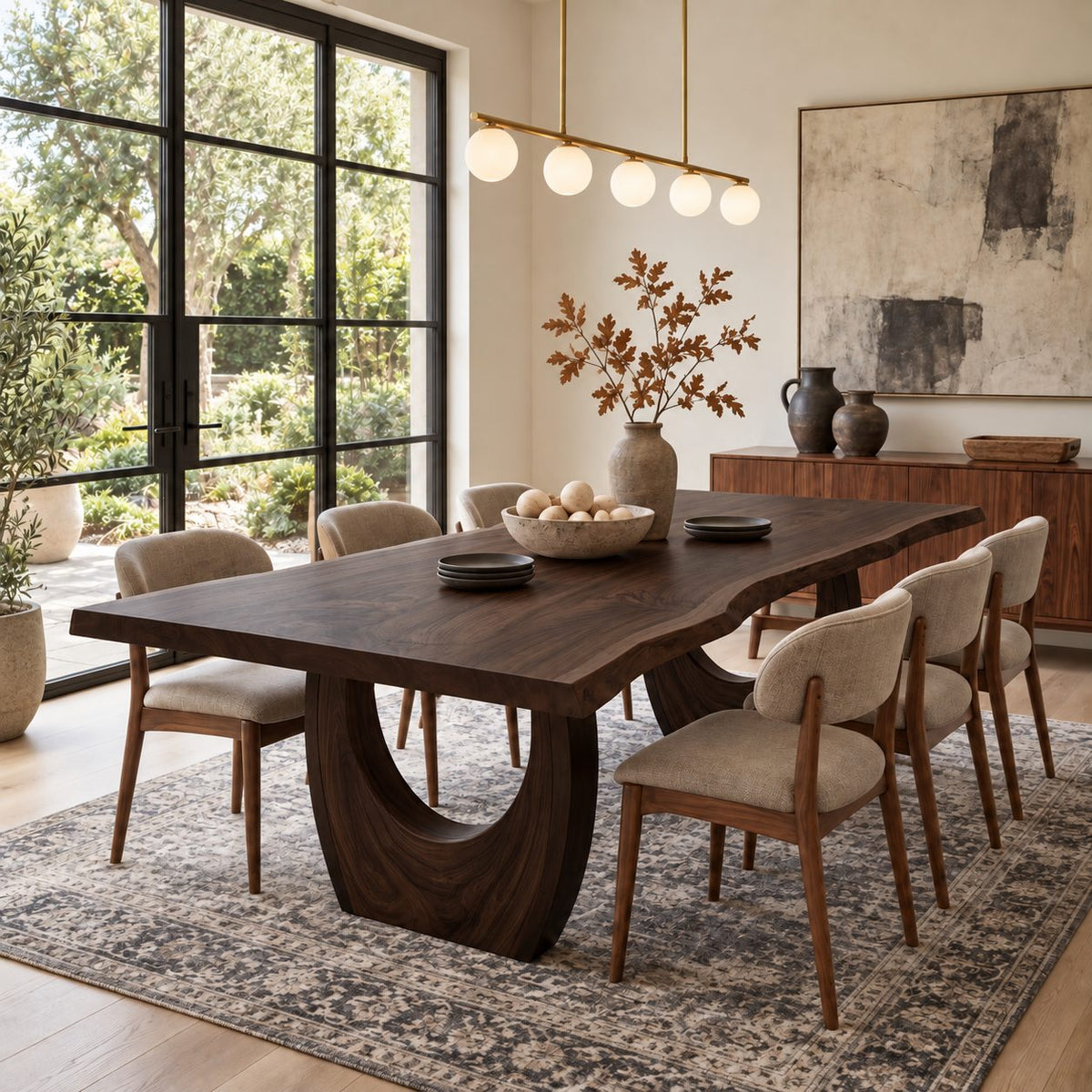 Crescent Base Live Edge Dining Table, Solid Wood Slab on Two Arched Half-Moon Pedestals, 63 to 108 Inch