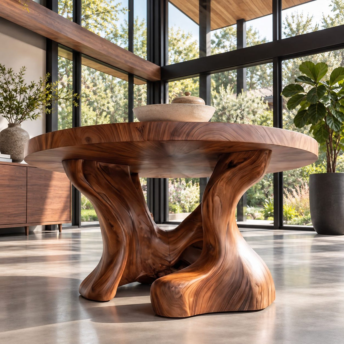 Hollow Trunk Round Dining Table, Solid Wood Top on a Sculpted Organic Four-Foot Base, 35 to 60 Inch