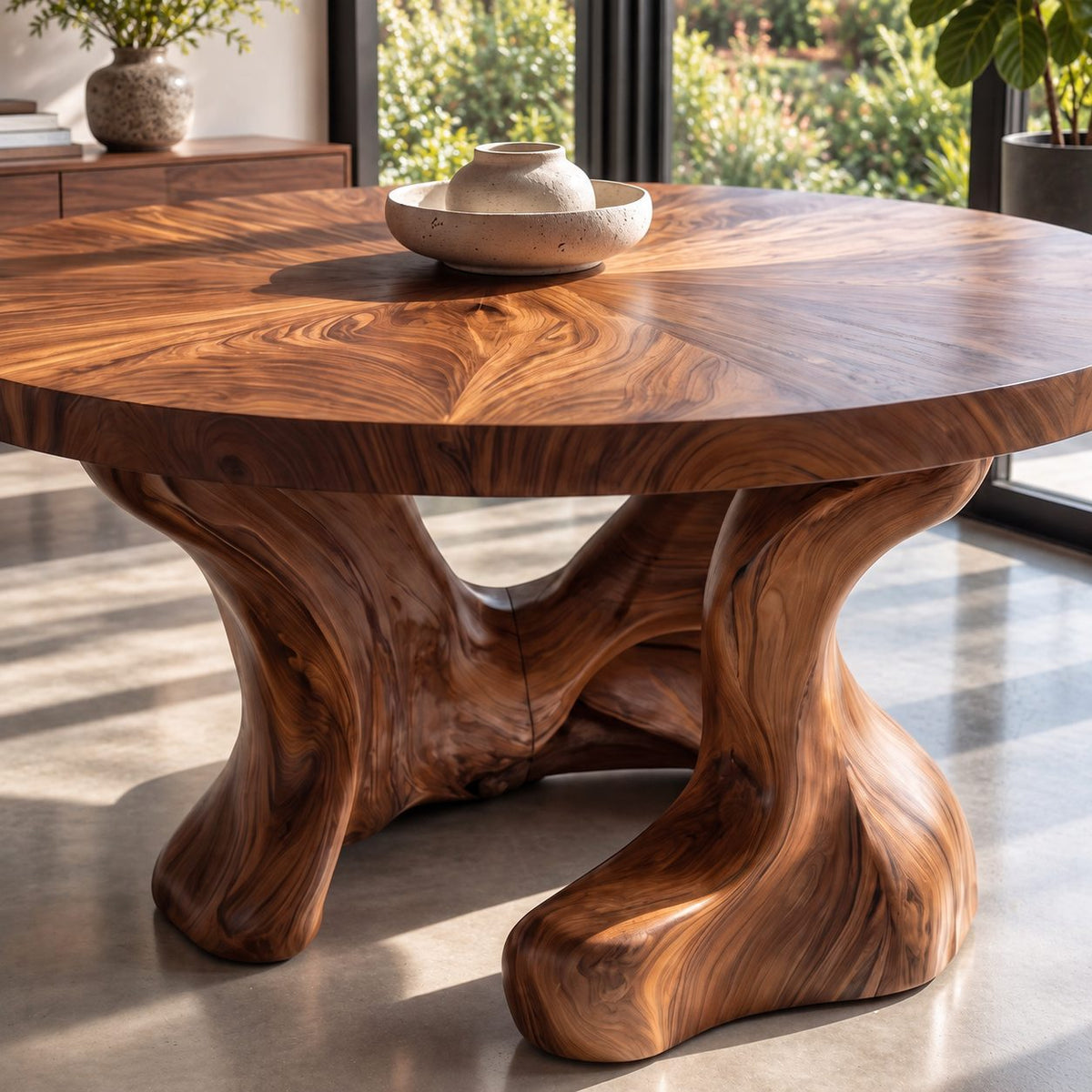 Hollow Trunk Round Dining Table, Solid Wood Top on a Sculpted Organic Four-Foot Base, 35 to 60 Inch
