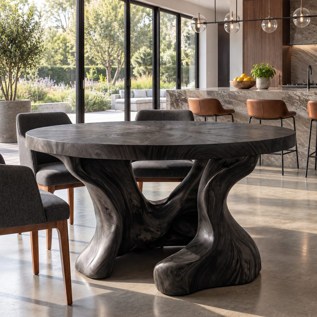 Hollow Trunk Round Dining Table, Solid Wood Top on a Sculpted Organic Four-Foot Base, 35 to 60 Inch