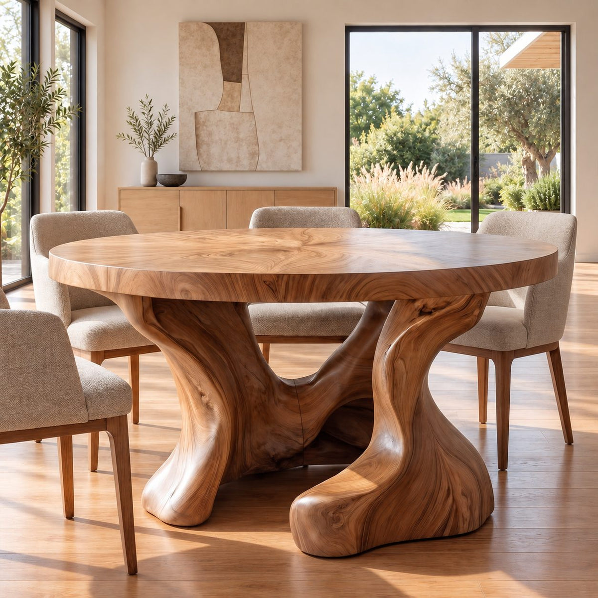 Hollow Trunk Round Dining Table, Solid Wood Top on a Sculpted Organic Four-Foot Base, 35 to 60 Inch