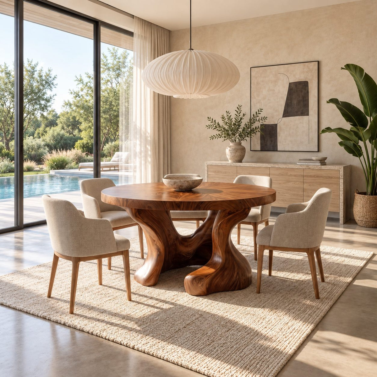 Hollow Trunk Round Dining Table, Solid Wood Top on a Sculpted Organic Four-Foot Base, 35 to 60 Inch