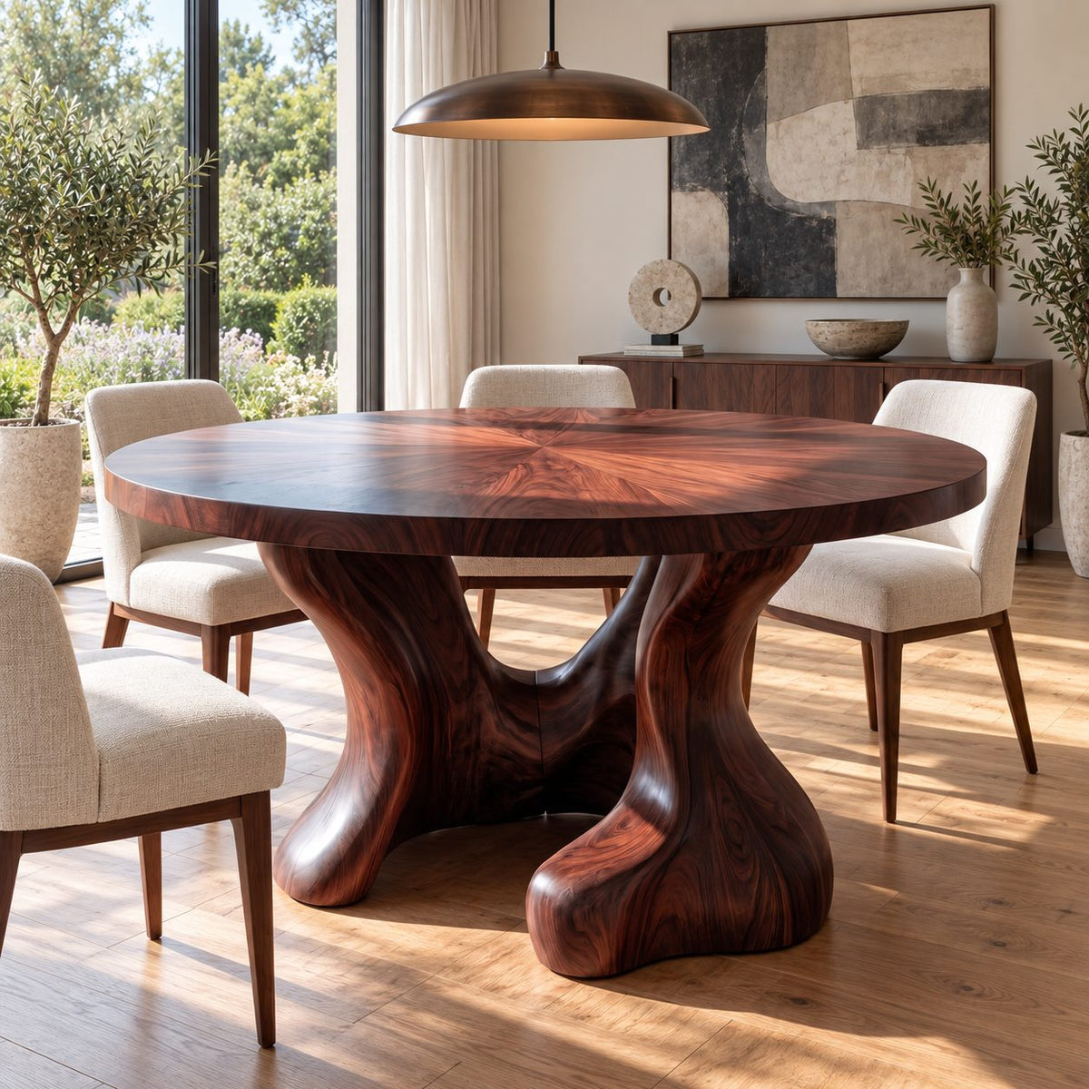 Hollow Trunk Round Dining Table, Solid Wood Top on a Sculpted Organic Four-Foot Base, 35 to 60 Inch