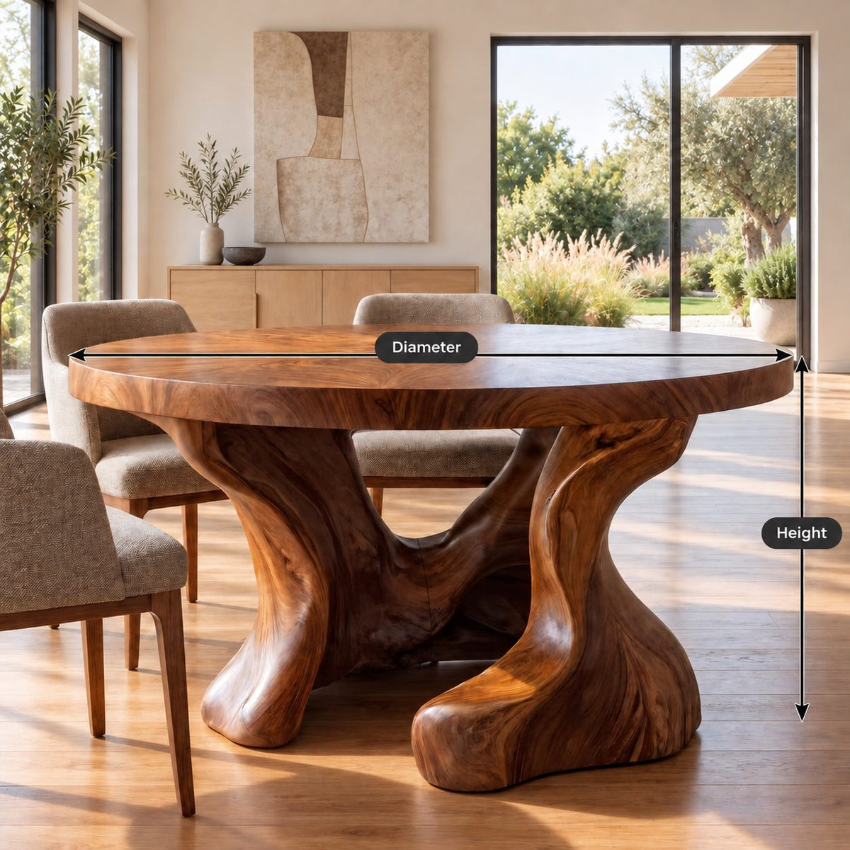 Hollow Trunk Round Dining Table, Solid Wood Top on a Sculpted Organic Four-Foot Base, 35 to 60 Inch