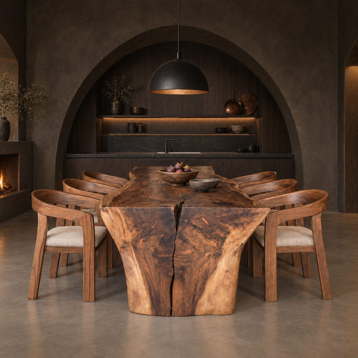 Wabi Sabi Slab Dining Table, Monolithic Solid Wood Top on Thick Flared Natural Slab Ends, 65 to 109 Inch
