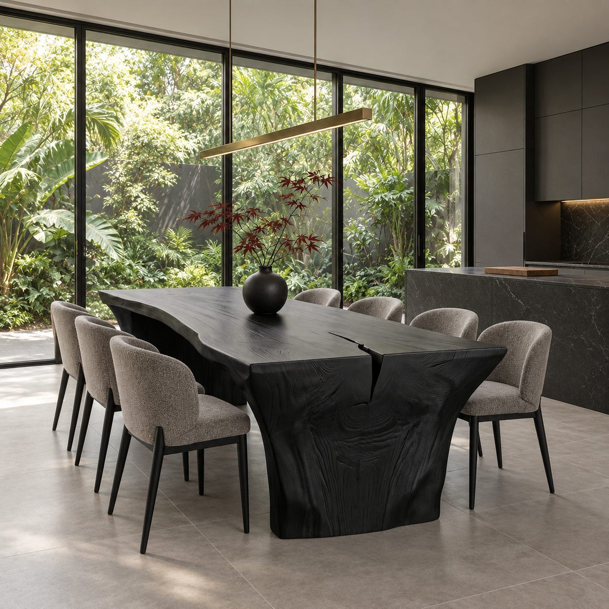 Wabi Sabi Slab Dining Table, Monolithic Solid Wood Top on Thick Flared Natural Slab Ends, 65 to 109 Inch