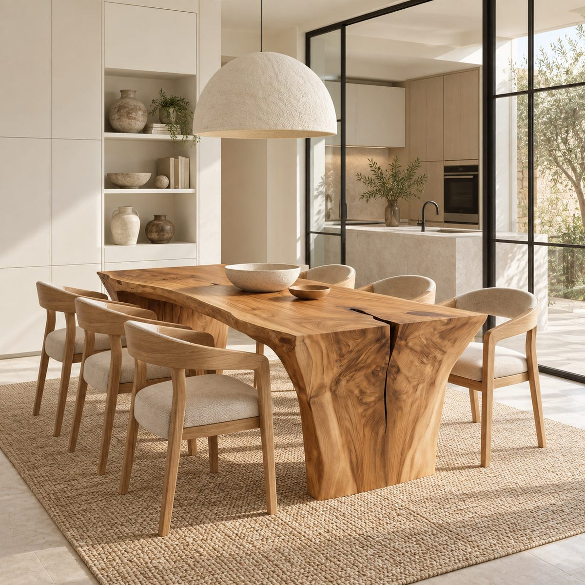 Wabi Sabi Slab Dining Table, Monolithic Solid Wood Top on Thick Flared Natural Slab Ends, 65 to 109 Inch