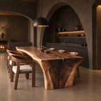 Wabi Sabi Slab Dining Table, Monolithic Solid Wood Top on Thick Flared Natural Slab Ends, 65 to 109 Inch