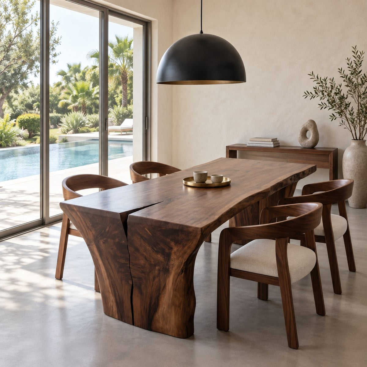 Wabi Sabi Slab Dining Table, Monolithic Solid Wood Top on Thick Flared Natural Slab Ends, 65 to 109 Inch