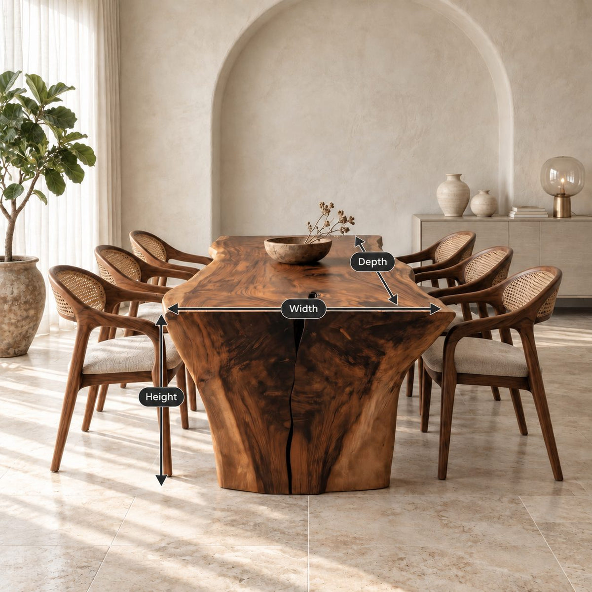 Wabi Sabi Slab Dining Table, Monolithic Solid Wood Top on Thick Flared Natural Slab Ends, 65 to 109 Inch