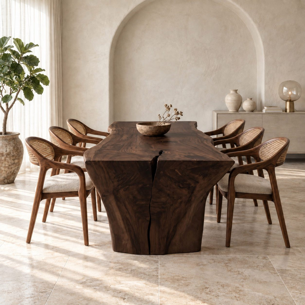 Wabi Sabi Slab Dining Table, Monolithic Solid Wood Top on Thick Flared Natural Slab Ends, 65 to 109 Inch