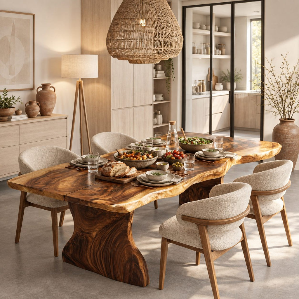 Swirl Grain Live Edge Dining Table, Solid Wood Slab on Two Curved Sculpted Pedestals, 48 to 120 Inch