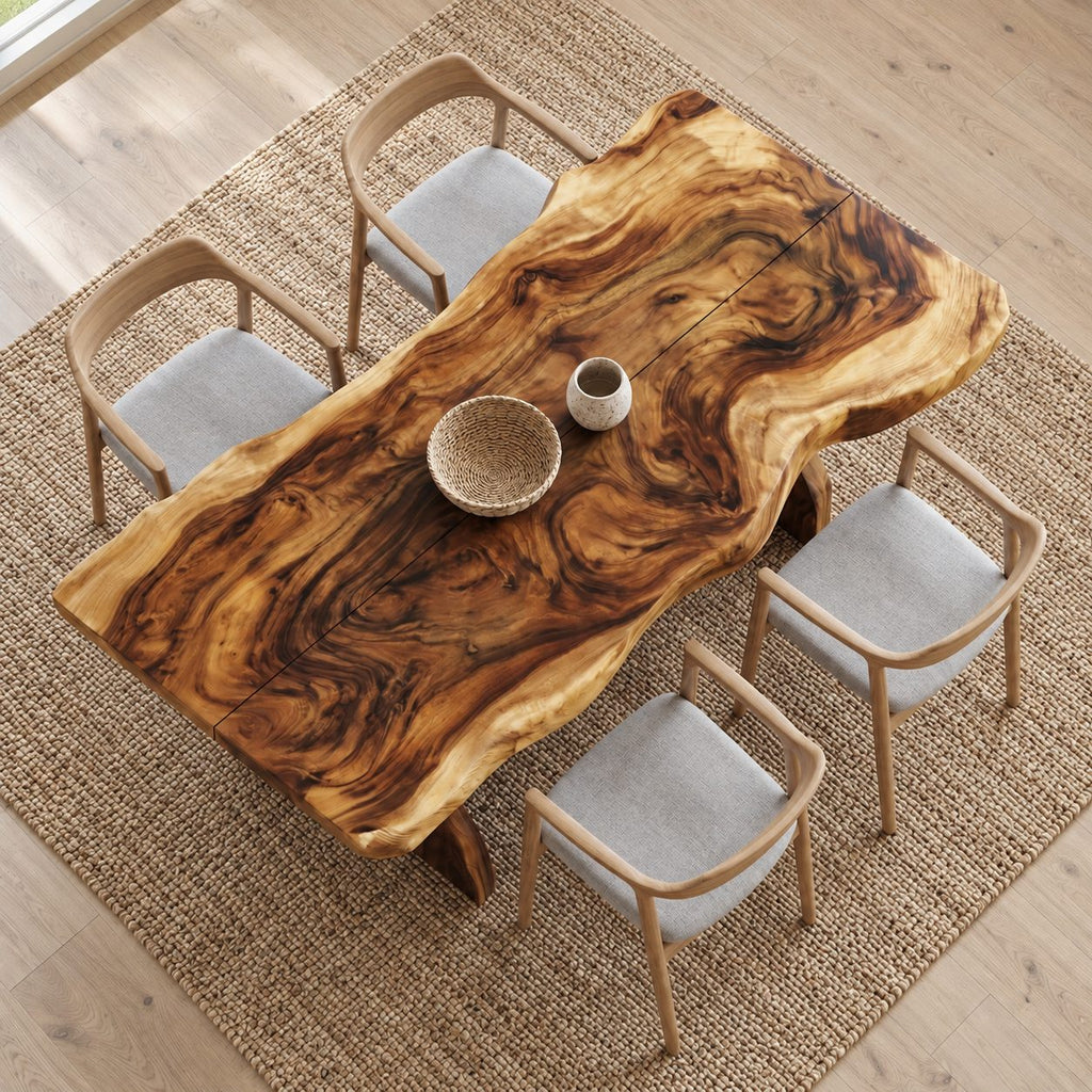 Swirl Grain Live Edge Dining Table, Solid Wood Slab on Two Curved Sculpted Pedestals, 48 to 120 Inch