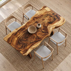 Swirl Grain Live Edge Dining Table, Solid Wood Slab on Two Curved Sculpted Pedestals, 48 to 120 Inch