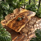 Swirl Grain Live Edge Dining Table, Solid Wood Slab on Two Curved Sculpted Pedestals, 48 to 120 Inch
