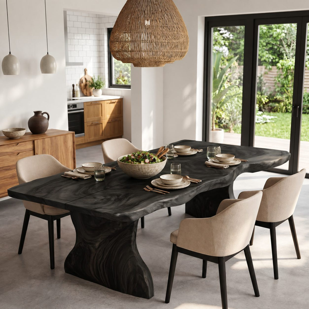 Swirl Grain Live Edge Dining Table, Solid Wood Slab on Two Curved Sculpted Pedestals, 48 to 120 Inch