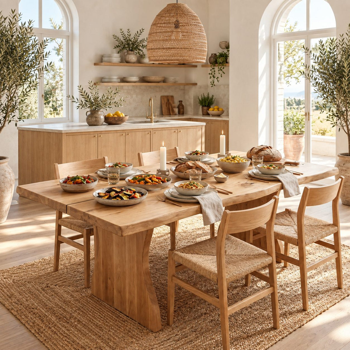 Swirl Grain Live Edge Dining Table, Solid Wood Slab on Two Curved Sculpted Pedestals, 48 to 120 Inch