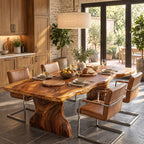 Swirl Grain Live Edge Dining Table, Solid Wood Slab on Two Curved Sculpted Pedestals, 48 to 120 Inch