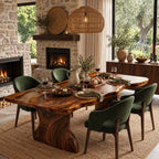 Swirl Grain Live Edge Dining Table, Solid Wood Slab on Two Curved Sculpted Pedestals, 48 to 120 Inch