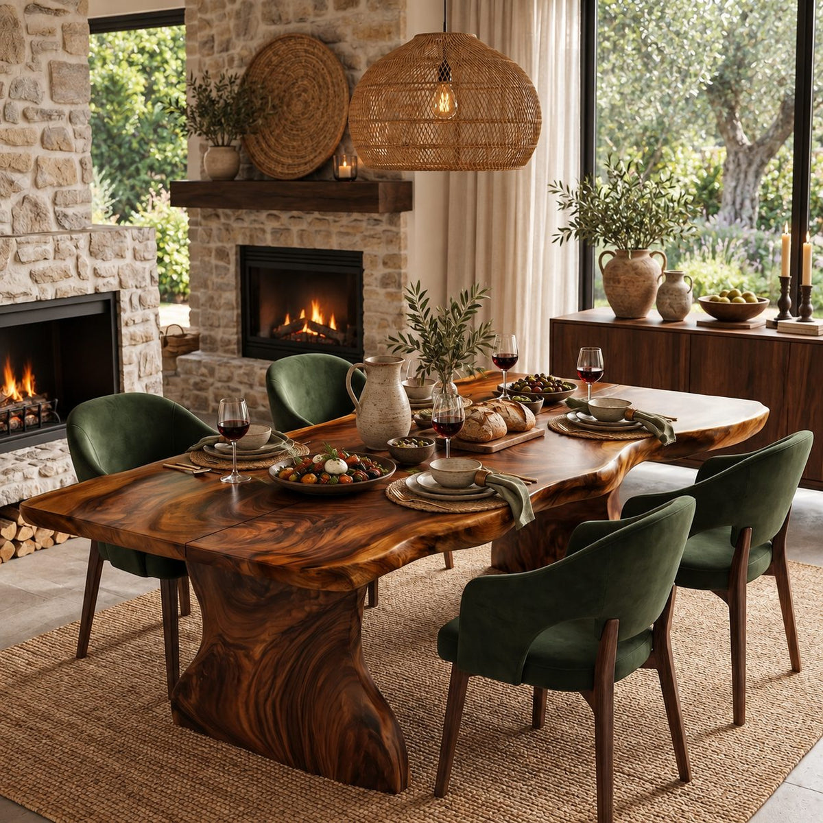Swirl Grain Live Edge Dining Table, Solid Wood Slab on Two Curved Sculpted Pedestals, 48 to 120 Inch
