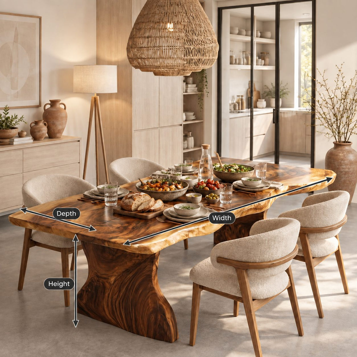 Swirl Grain Live Edge Dining Table, Solid Wood Slab on Two Curved Sculpted Pedestals, 48 to 120 Inch