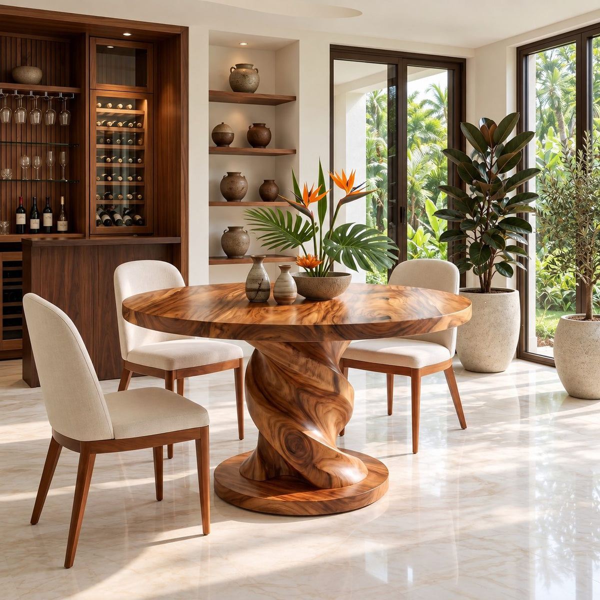 Corkscrew Pedestal Round Dining Table, Solid Wood Top on a Twisted Column with Round Plinth, 32 to 59 Inch