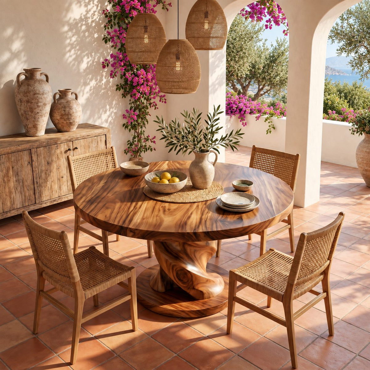 Corkscrew Pedestal Round Dining Table, Solid Wood Top on a Twisted Column with Round Plinth, 32 to 59 Inch