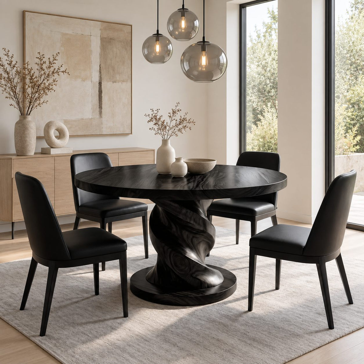 Corkscrew Pedestal Round Dining Table, Solid Wood Top on a Twisted Column with Round Plinth, 32 to 59 Inch