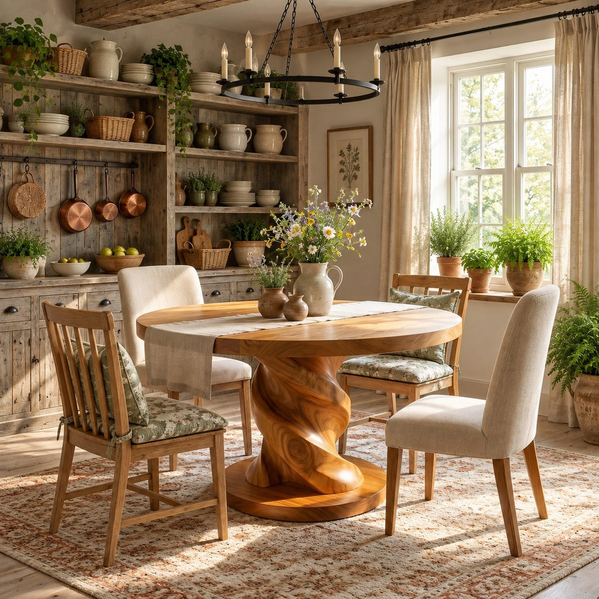 Corkscrew Pedestal Round Dining Table, Solid Wood Top on a Twisted Column with Round Plinth, 32 to 59 Inch