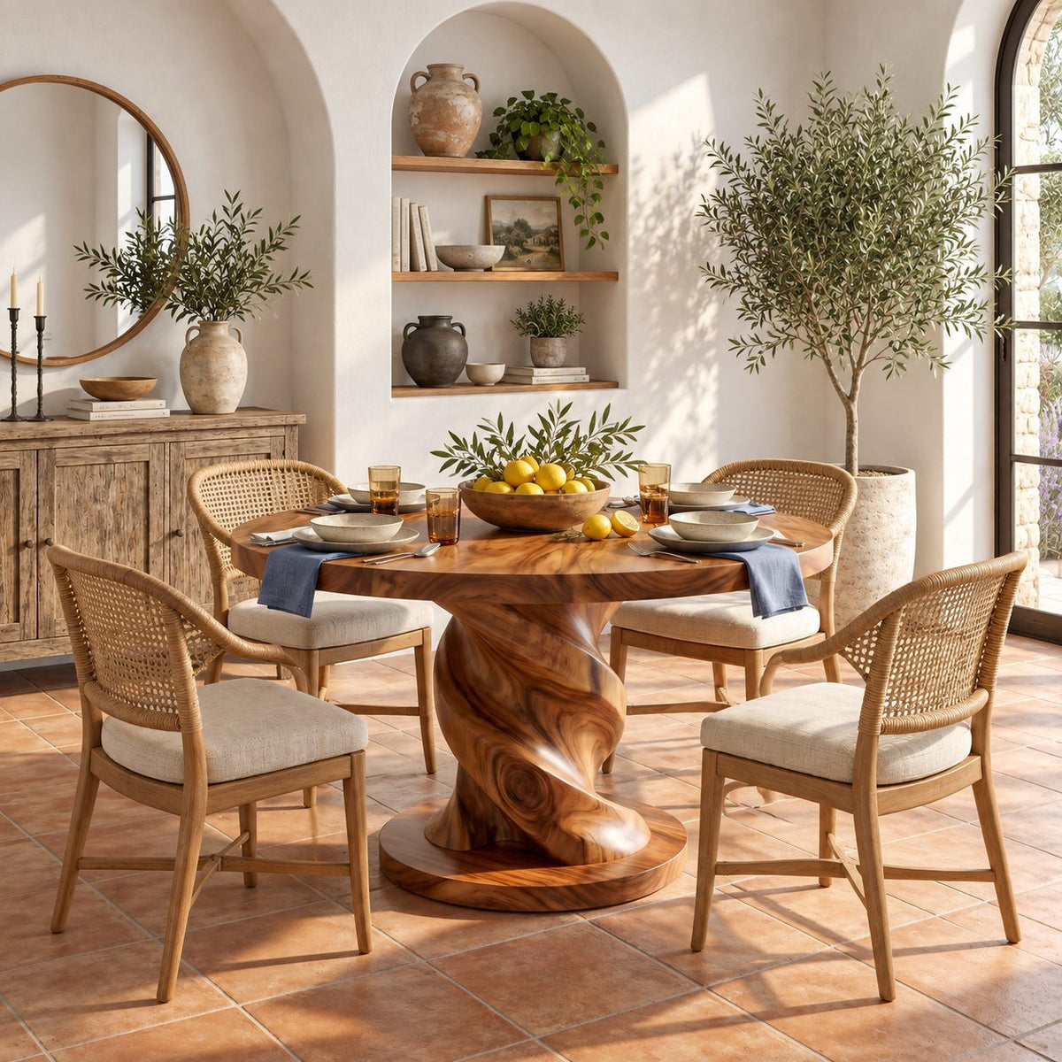 Corkscrew Pedestal Round Dining Table, Solid Wood Top on a Twisted Column with Round Plinth, 32 to 59 Inch