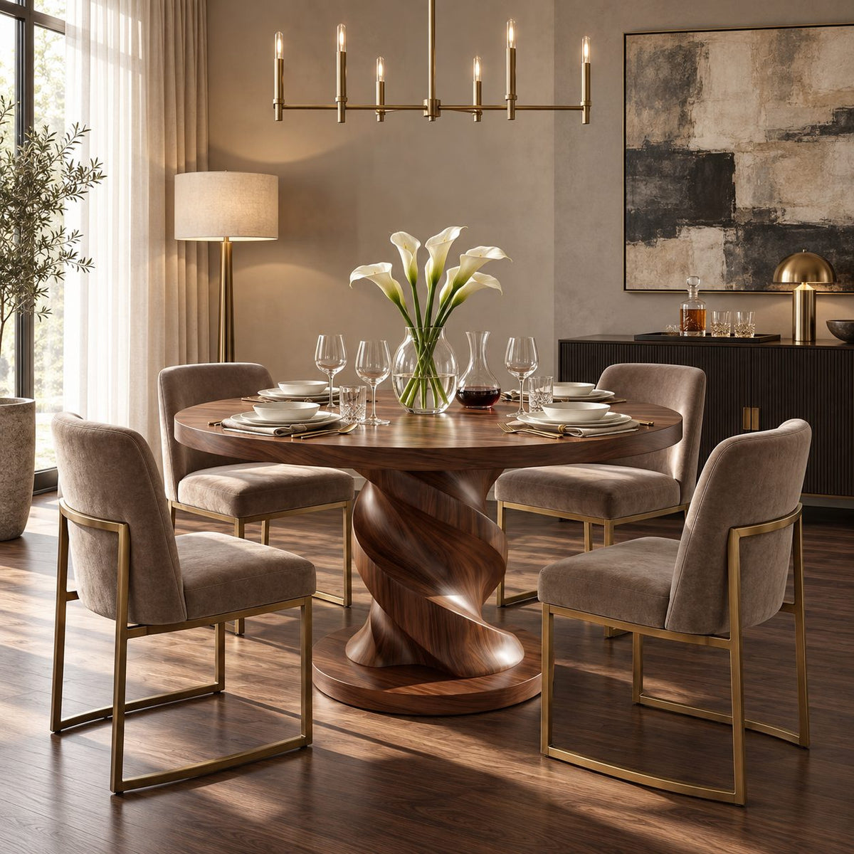 Corkscrew Pedestal Round Dining Table, Solid Wood Top on a Twisted Column with Round Plinth, 32 to 59 Inch