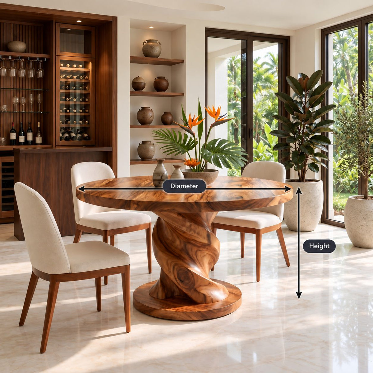 Corkscrew Pedestal Round Dining Table, Solid Wood Top on a Twisted Column with Round Plinth, 32 to 59 Inch