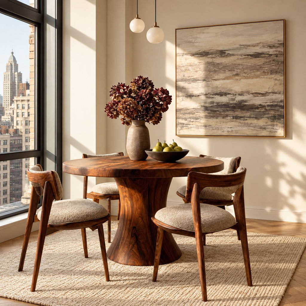 Flared Column Round Dining Table, Solid Wood Top on a Smooth Hourglass Pedestal Base, 32 to 59 Inch