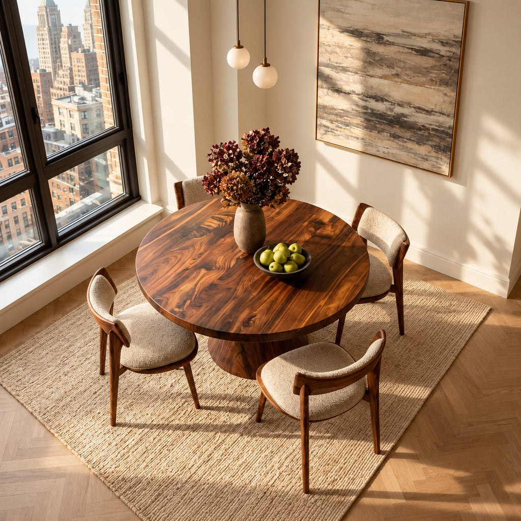 Flared Column Round Dining Table, Solid Wood Top on a Smooth Hourglass Pedestal Base, 32 to 59 Inch