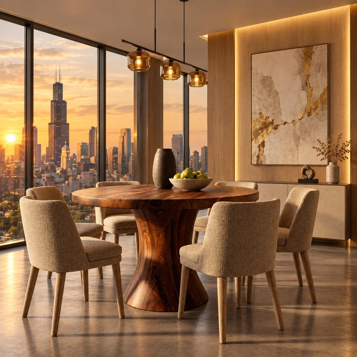 Flared Column Round Dining Table, Solid Wood Top on a Smooth Hourglass Pedestal Base, 32 to 59 Inch