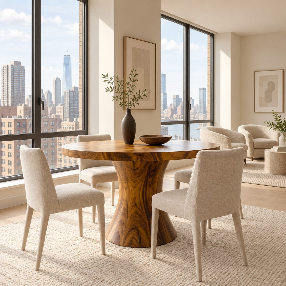 Flared Column Round Dining Table, Solid Wood Top on a Smooth Hourglass Pedestal Base, 32 to 59 Inch