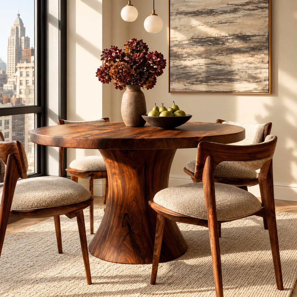 Flared Column Round Dining Table, Solid Wood Top on a Smooth Hourglass Pedestal Base, 32 to 59 Inch