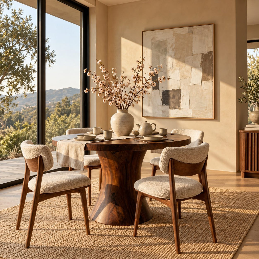 Flared Column Round Dining Table, Solid Wood Top on a Smooth Hourglass Pedestal Base, 32 to 59 Inch