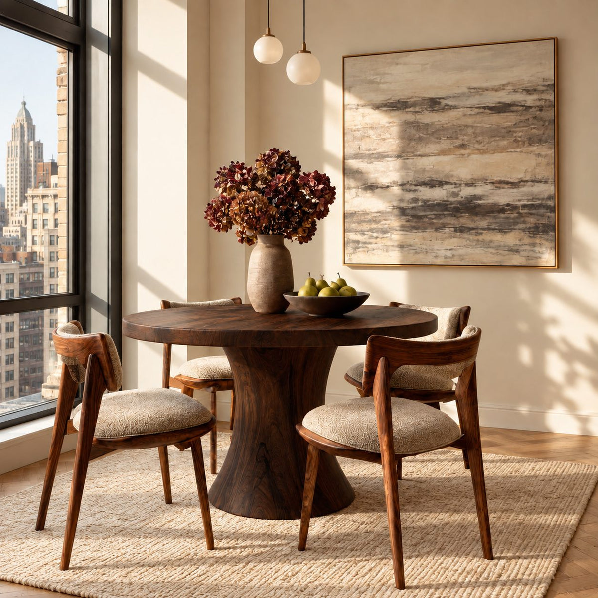 Flared Column Round Dining Table, Solid Wood Top on a Smooth Hourglass Pedestal Base, 32 to 59 Inch