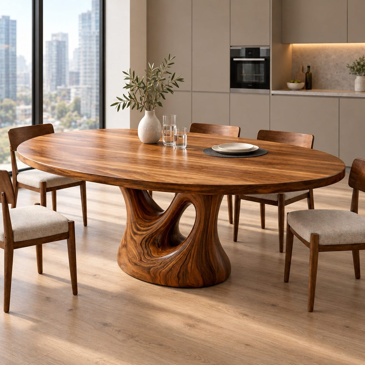 Open Loop Pedestal Oval Dining Table, Solid Wood Elliptical Top on a Sculpted Cut-Out Column, 47 to 71 Inch